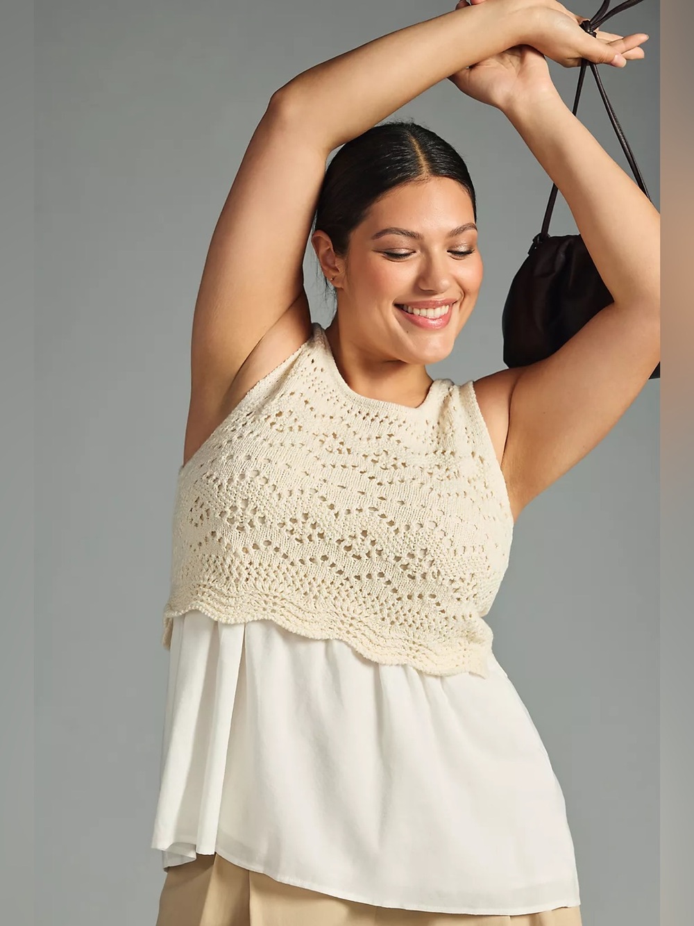 By Anthropologie Layered Sweater Tank open knit scolloped size 1X